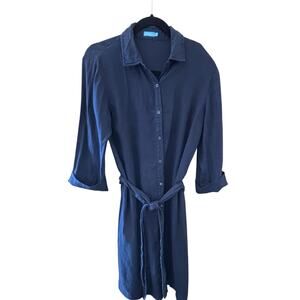 J McLaughlin 100% Linen Shirt Dress Sm Navy Button Up Belted Resort Beach Summer